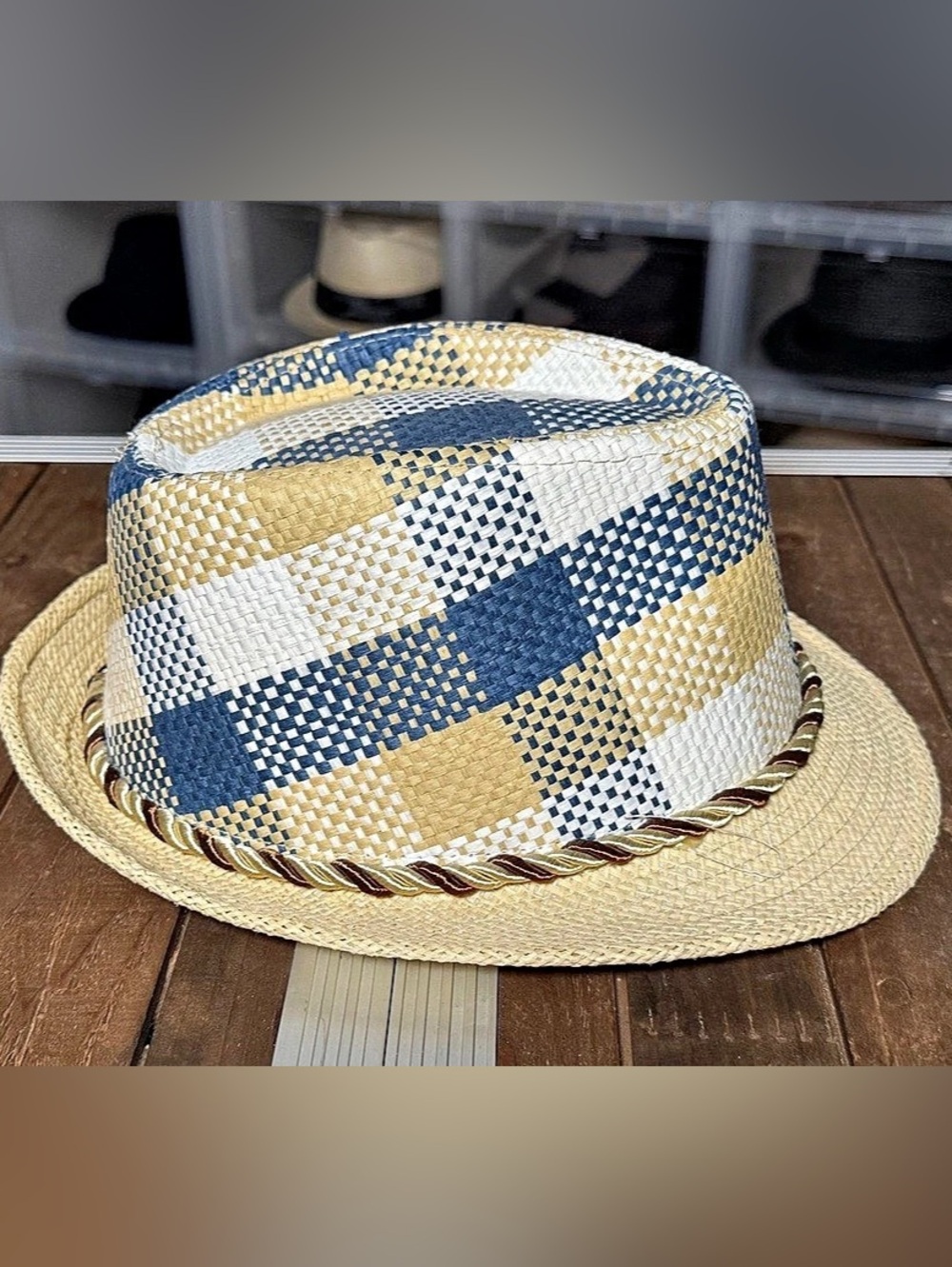Plaid Paper Fedora Blue Tan White Rope Band Size 56